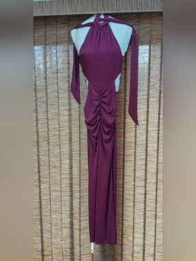 Zara Wine Backless Ruched Halter Gown